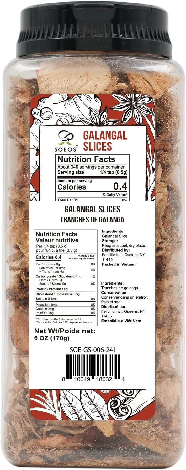 Soeos Galangal Slices, 6 Ounce, Non-GMO, Kosher, Sliced Dried Galangal Root