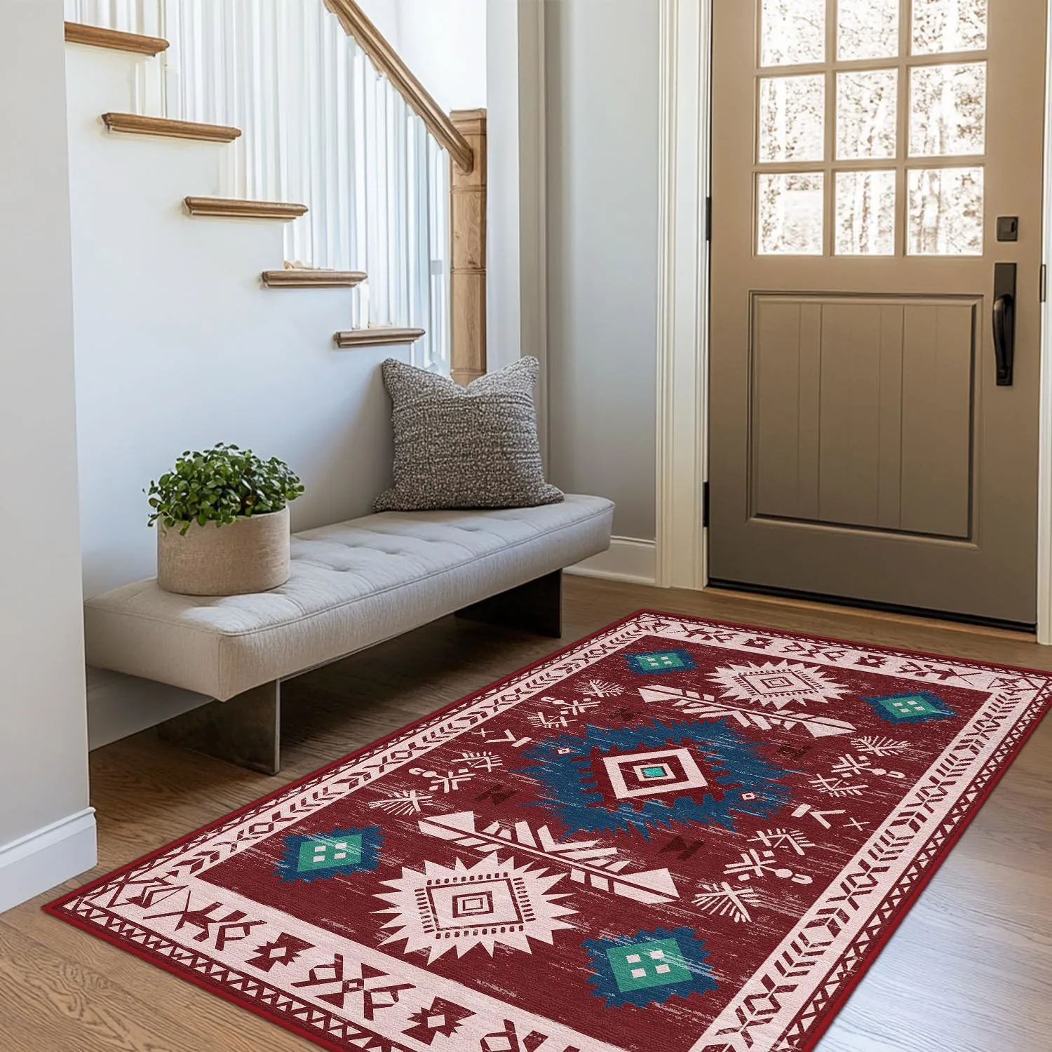 Tijuboni Western Rugs for Living Room Bedroom Non Slip, Southwestern Area Rugs for Dining Room Kitchen Nursery, Washable Rubber Backing, 3x5 Aztec Red