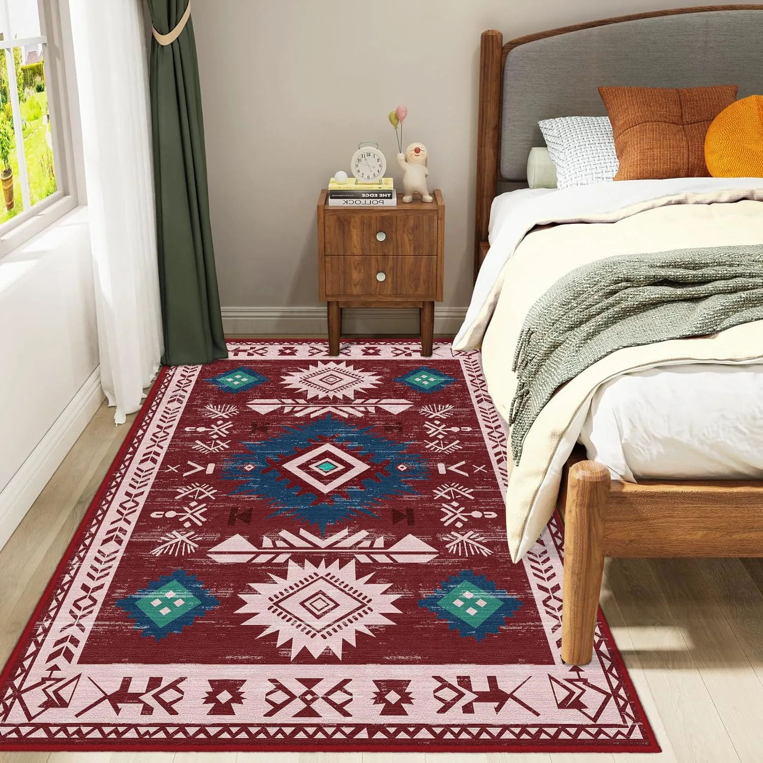 Tijuboni Western Rugs for Living Room Bedroom Non Slip, Southwestern Area Rugs for Dining Room Kitchen Nursery, Washable Rubber Backing, 3x5 Aztec Red