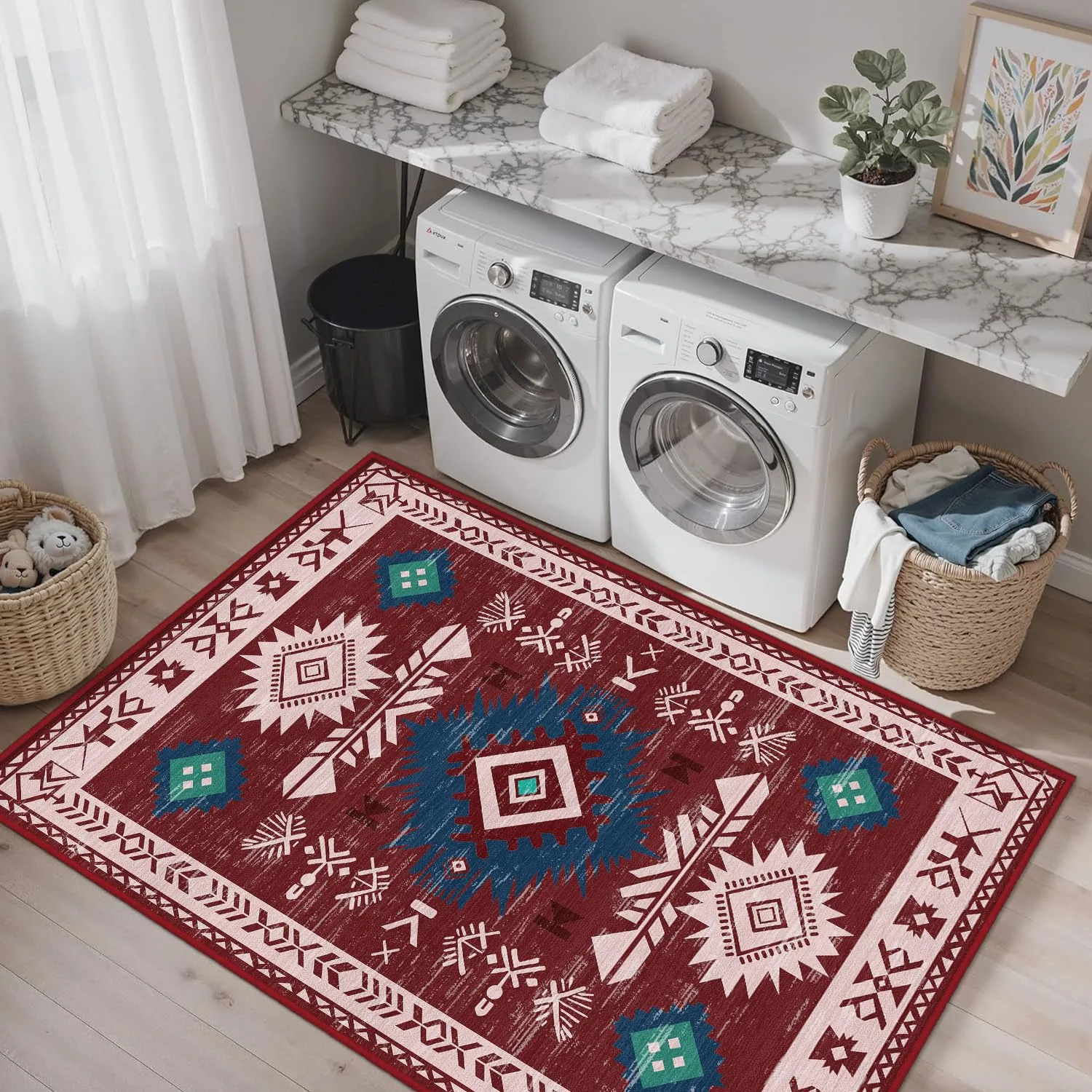 Tijuboni Western Rugs for Living Room Bedroom Non Slip, Southwestern Area Rugs for Dining Room Kitchen Nursery, Washable Rubber Backing, 3x5 Aztec Red