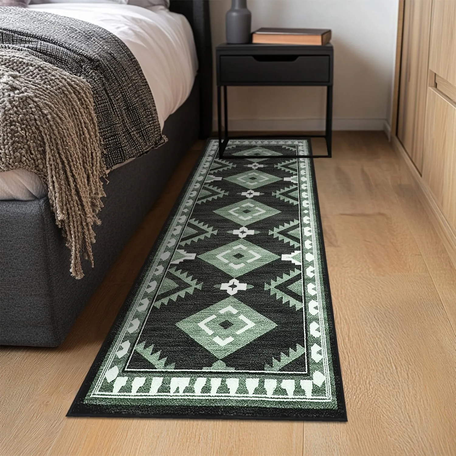 Tijuboni Western Hallway Runner Rug 2x6, Non-Slip Long Runners for Bedroom Kitchen Hall Laundry, Southwestern Area Rugs Washable, Aztec Black-White-Green