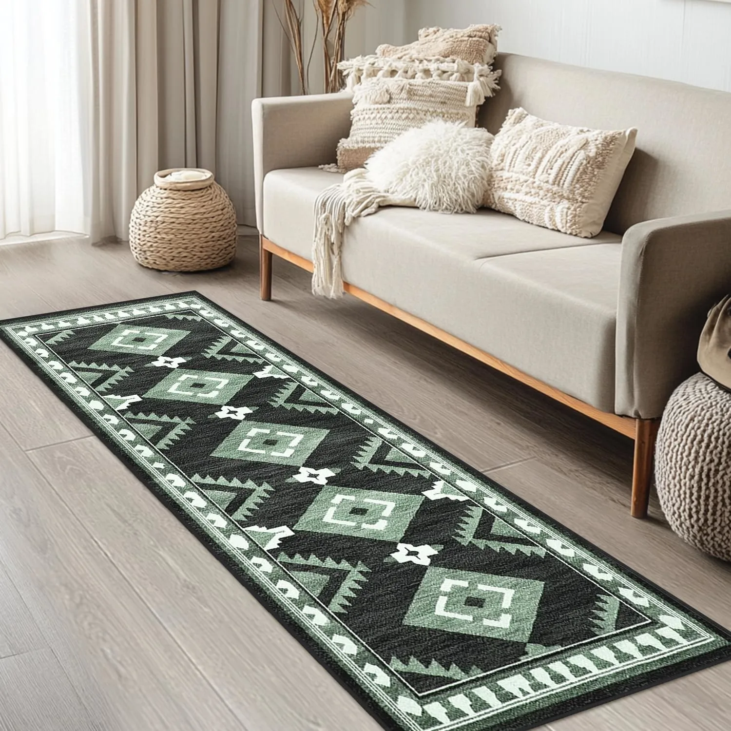 Tijuboni Western Hallway Runner Rug 2x6, Non-Slip Long Runners for Bedroom Kitchen Hall Laundry, Southwestern Area Rugs Washable, Aztec Black-White-Green