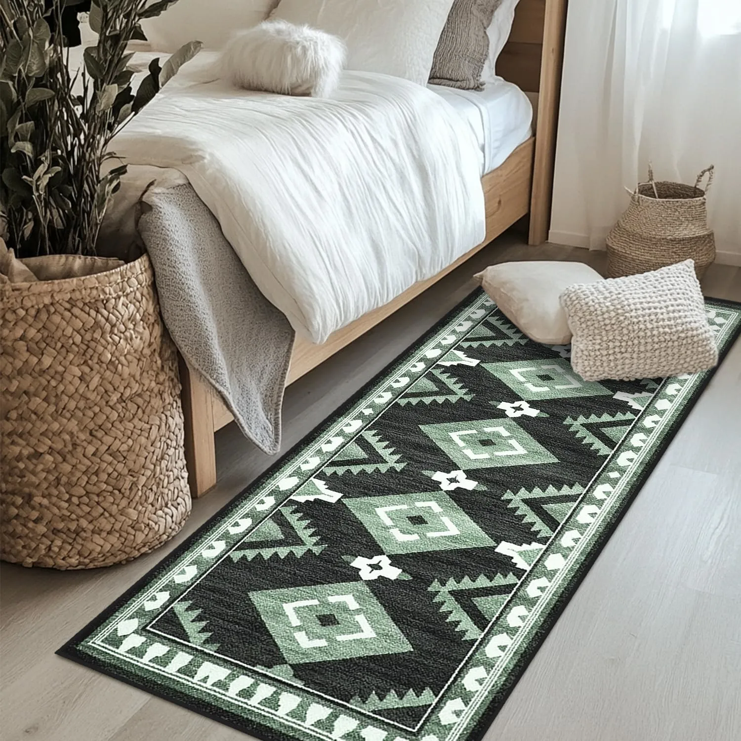 Tijuboni Western Hallway Runner Rug 2x6, Non-Slip Long Runners for Bedroom Kitchen Hall Laundry, Southwestern Area Rugs Washable, Aztec Black-White-Green