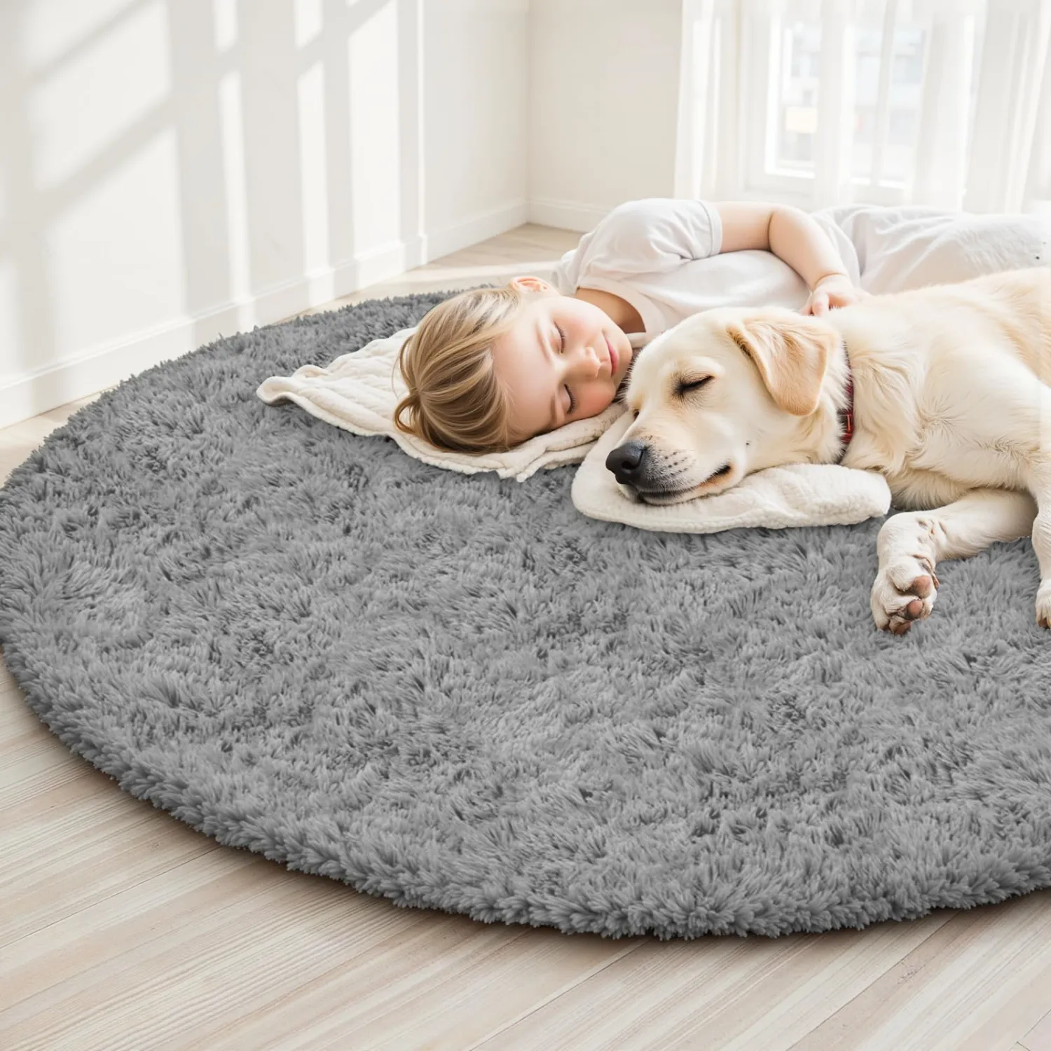 Light Gray Round Fluffy Rug 5ft Plush Fuzzy Shaggy Carpet