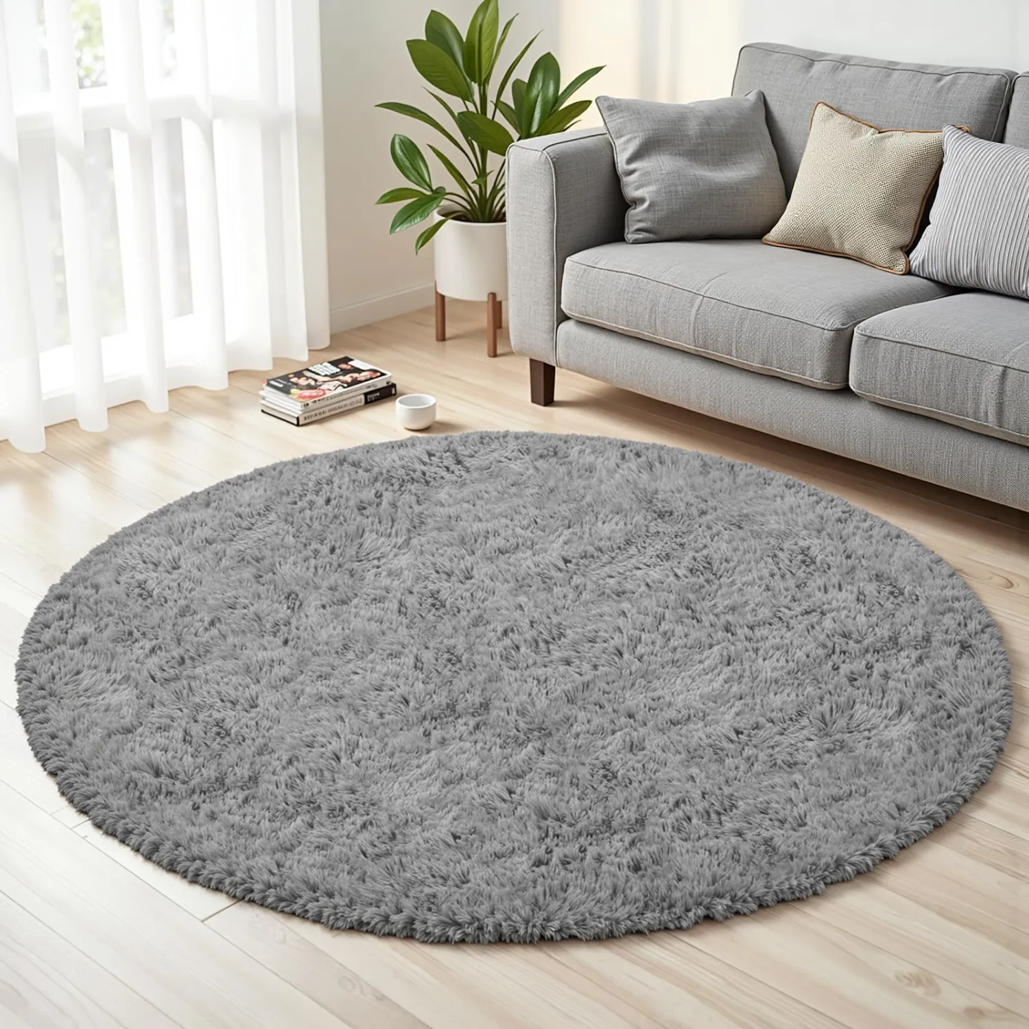 Light Gray Round Fluffy Rug 5ft Plush Fuzzy Shaggy Carpet