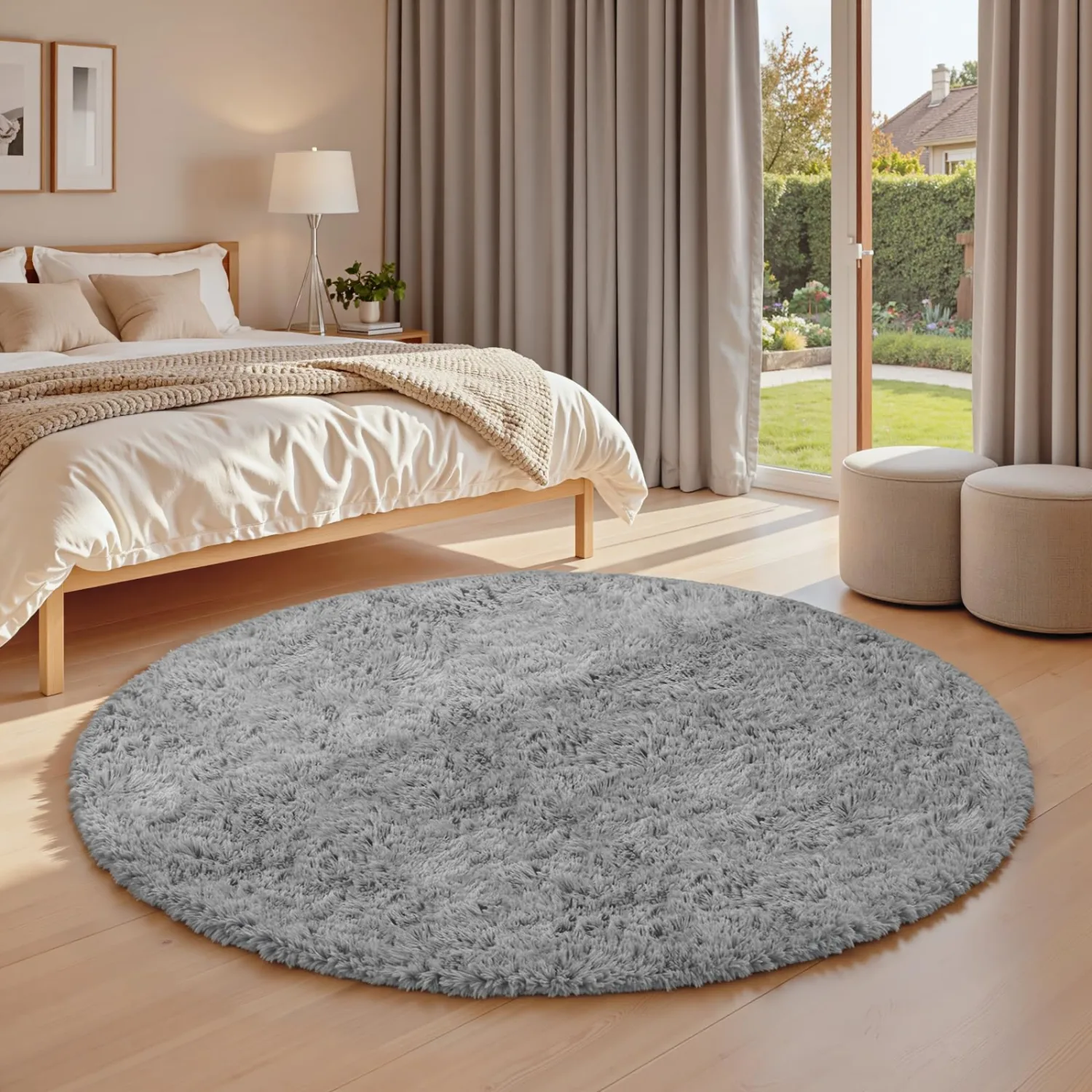 Light Gray Round Fluffy Rug 5ft Plush Fuzzy Shaggy Carpet