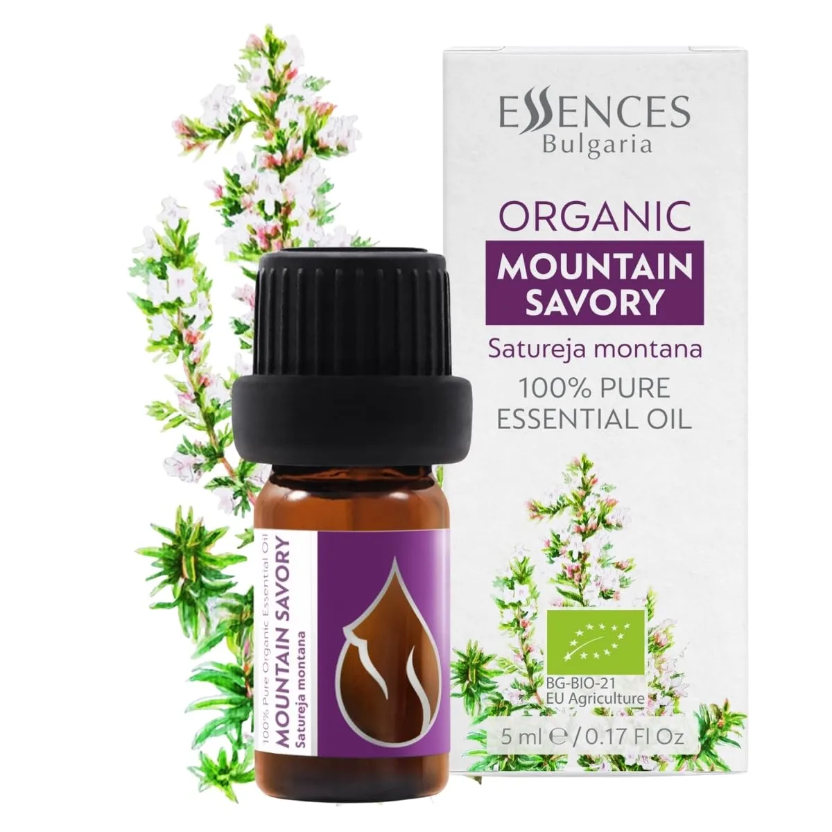 Essences Bulgaria Organic Mountain Savory Essential Oil 1/6 Fl Oz | 5ml | Satureja Montana | 100% Pure and Natural | Undiluted | Therapeutic Grade | Family Owned Farm | Steam-Distilled | Non-GMO