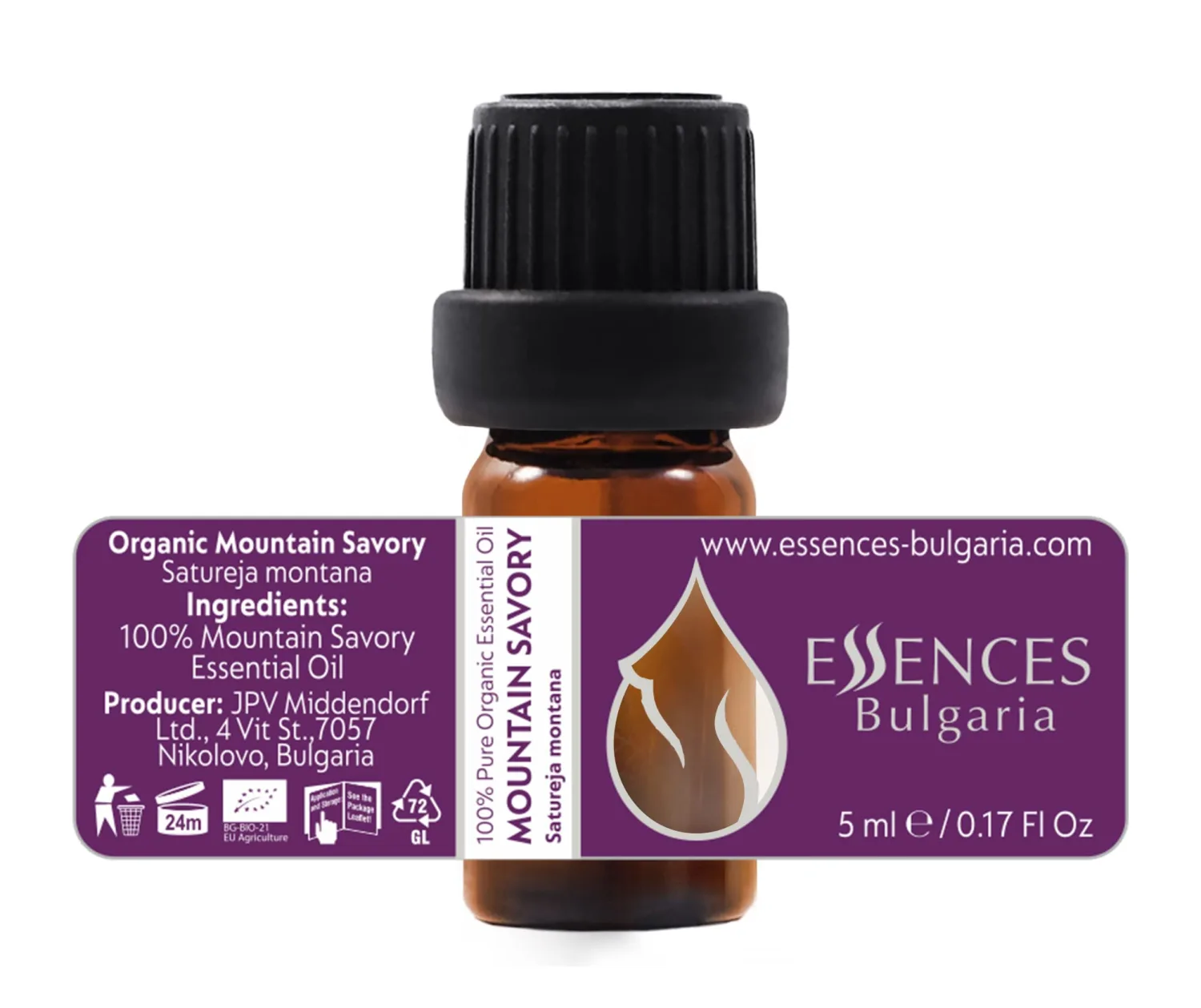 Essences Bulgaria Organic Mountain Savory Essential Oil 1/6 Fl Oz | 5ml | Satureja Montana | 100% Pure and Natural | Undiluted | Therapeutic Grade | Family Owned Farm | Steam-Distilled | Non-GMO