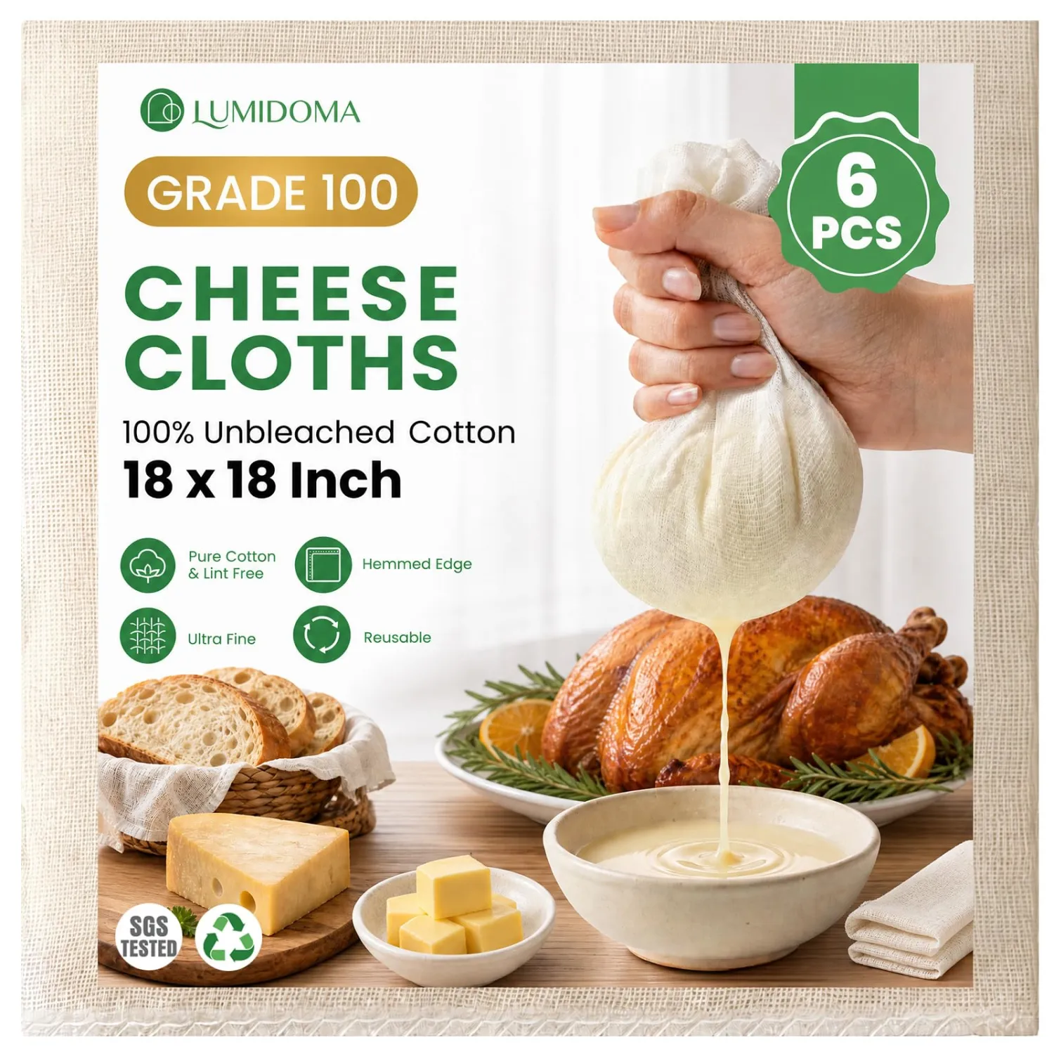 6Pcs Cheese Cloths 18x18 Inch, Grade 100 Cheesecloth for Straining
