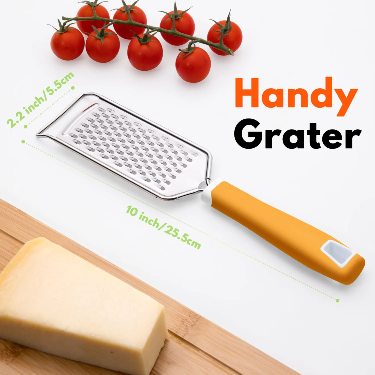 Rainspire Professional Cheese Graters for Kitchen Stainless Steel Handheld, Metal Lemon Zester Grater With Handle For Cheese, Chocolate, Spices, Kitchen Gadgets Tools, Soft Grip Handle (Orange)