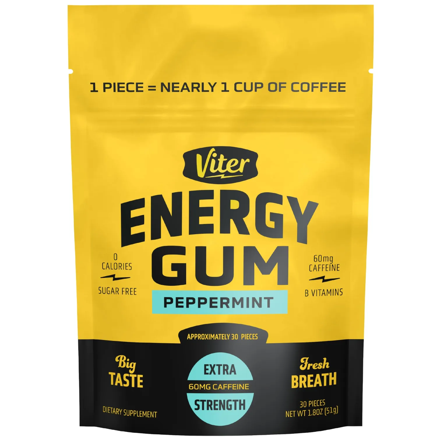 Viter Energy Caffeine Gum 60mg, Sugar Free, Peppermint, 30 Pieces