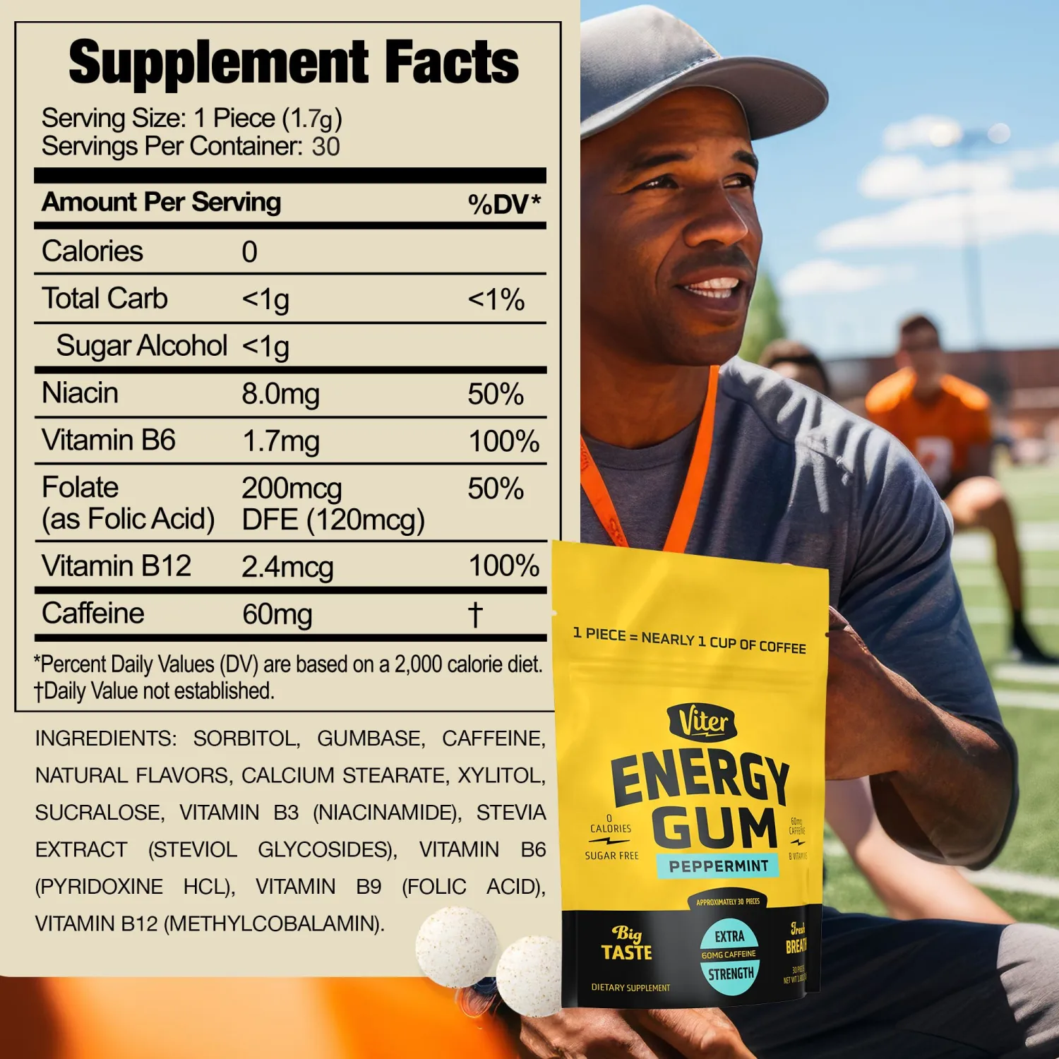 Viter Energy Caffeine Gum 60mg, Sugar Free, Peppermint, 30 Pieces