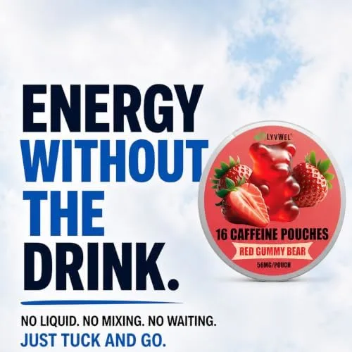 LyvWel 56mg Caffeine Energy Pouches, Guarana, 6-Pack, 96 Pouches