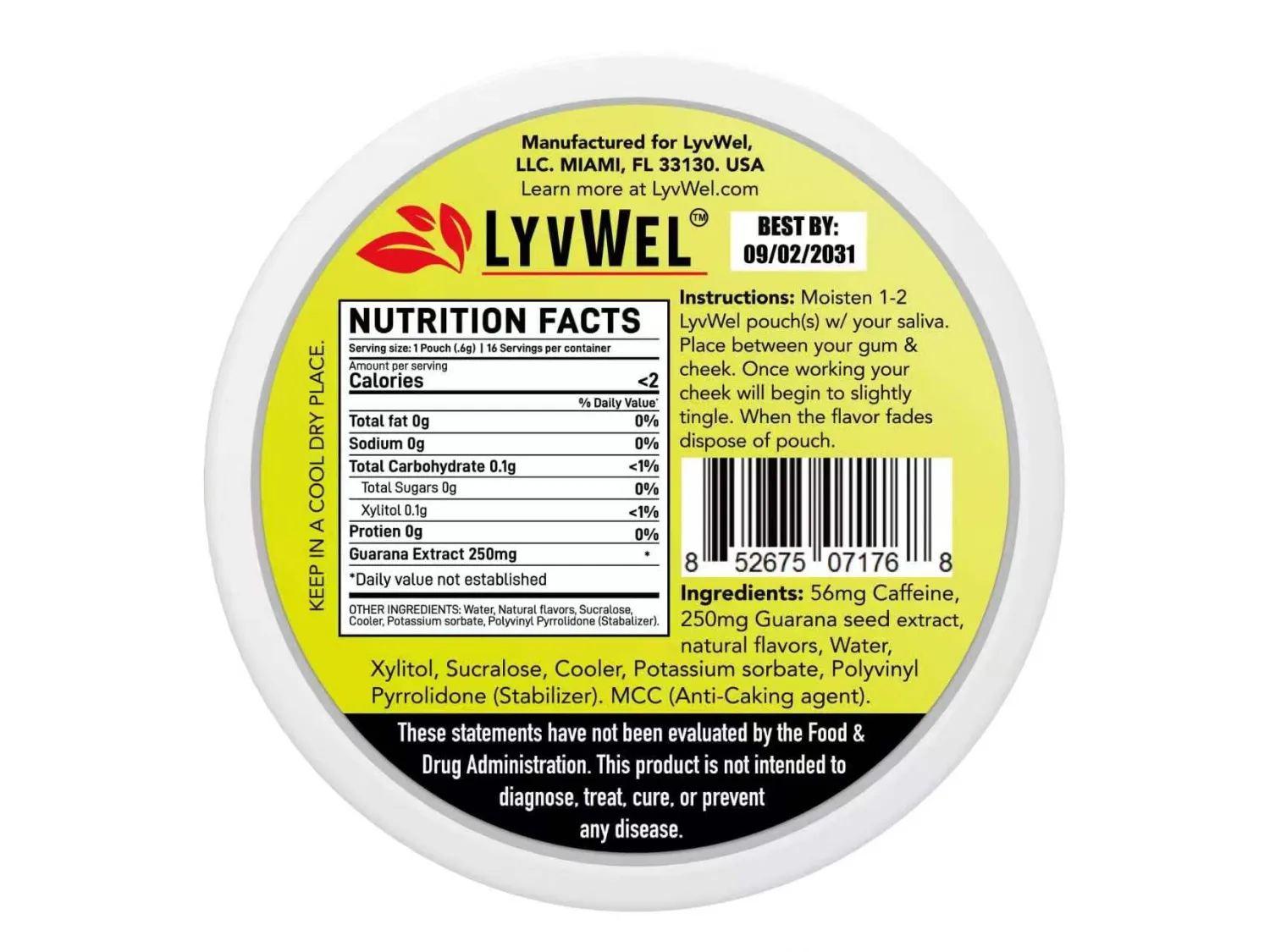 LyvWel 56mg Caffeine Energy Pouches, Guarana, 6-Pack, 96 Pouches