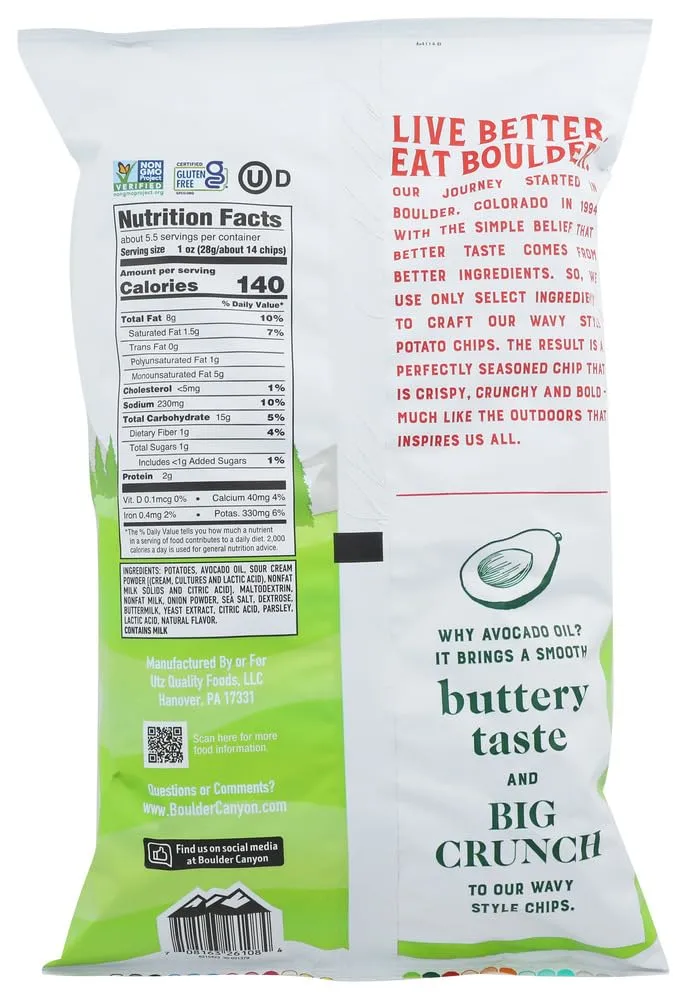 Boulder Canyon Avocado Oil Sour Cream & Onion Wavy Potato Chips, 5.25 OZ