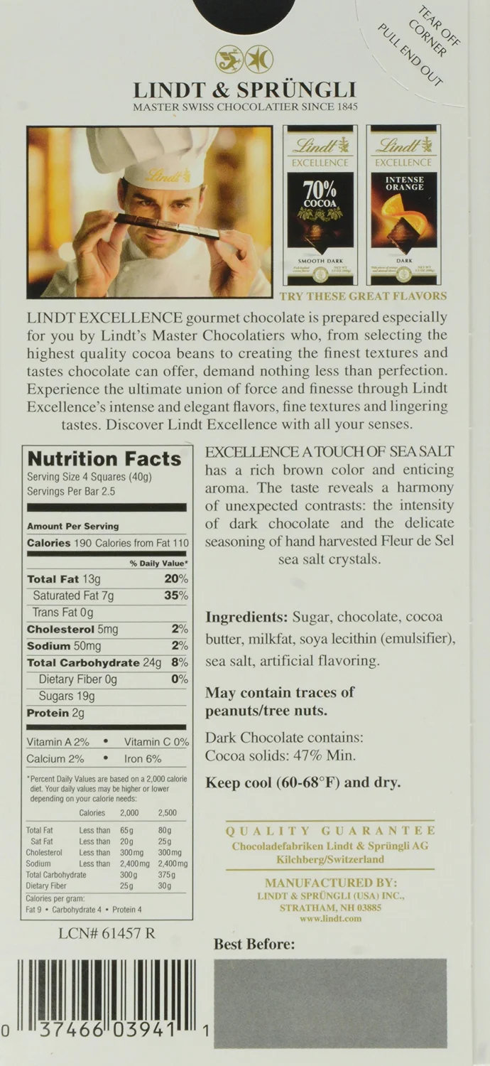 Lindt Excellence A Touch of Sea Salt Dark Chocolate Bar, 3.5-Ounce Packages
