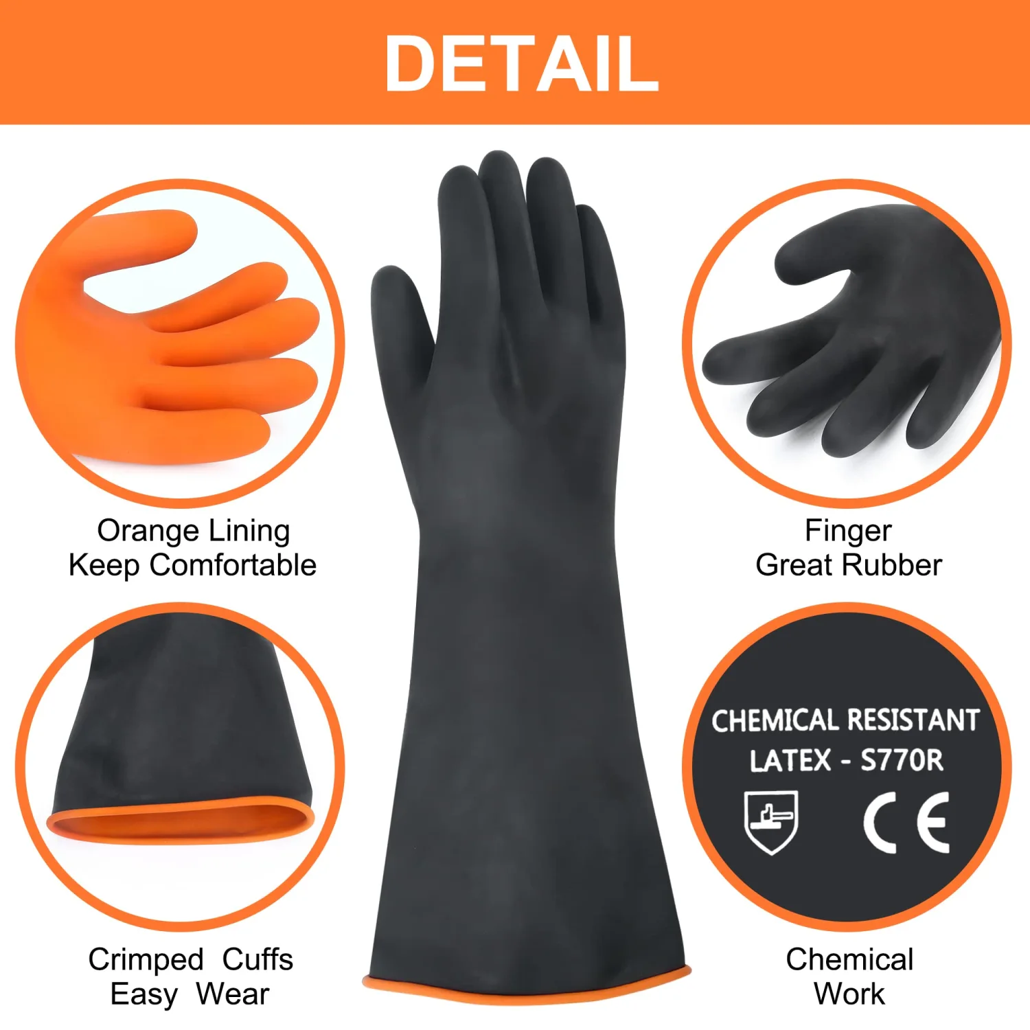 18" XL Size Latex Chemical Resistant Gloves, Heavy Duty Long Rubber Gloves