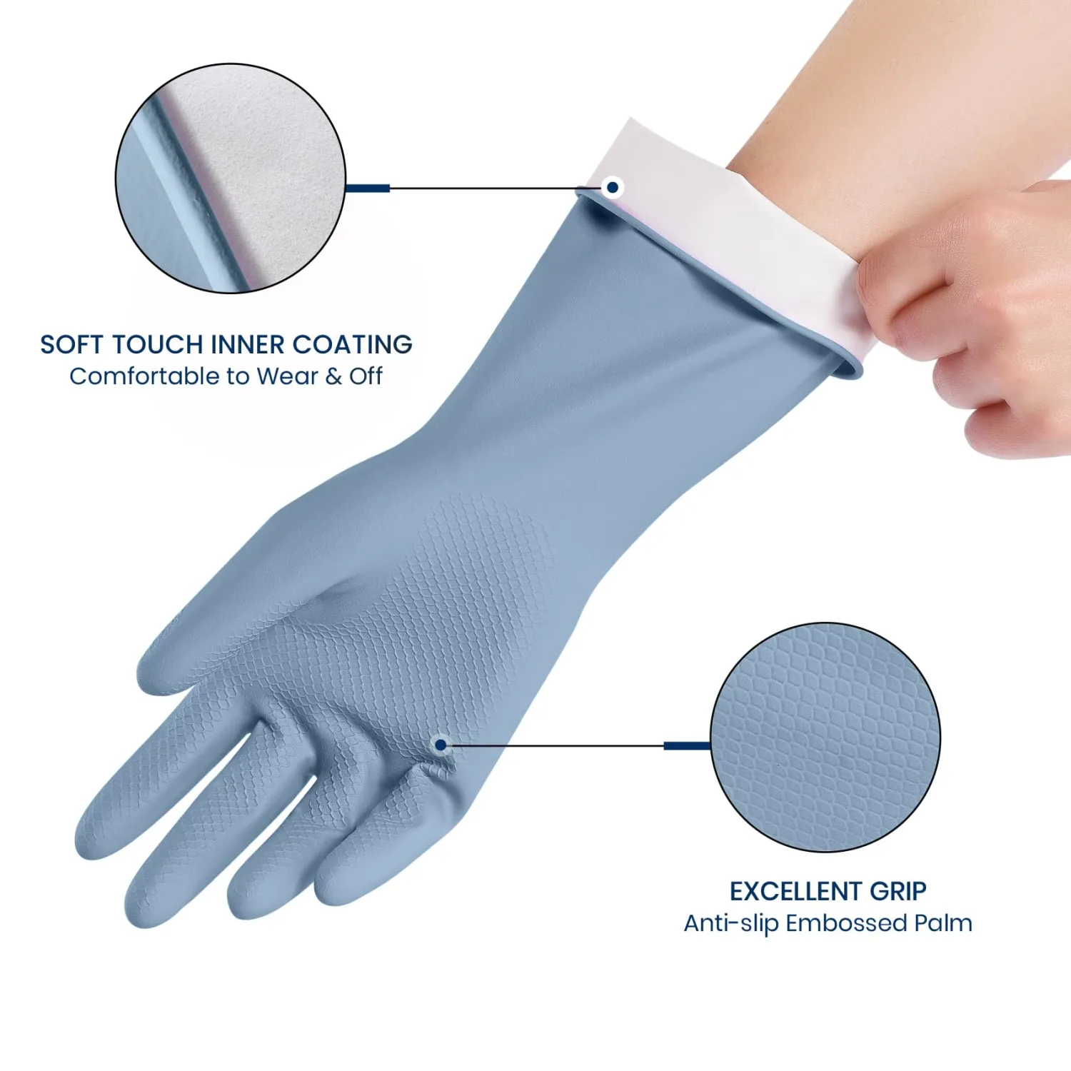 Rubber Cleaning Gloves for Dishwashing, 4 Pairs Reusable Kitchen Gloves for Washing Dishes and Household Cleaning, Blue Dish Gloves with Flocked Lining and Non-Slip Grip, Pefect for Woman Men - S