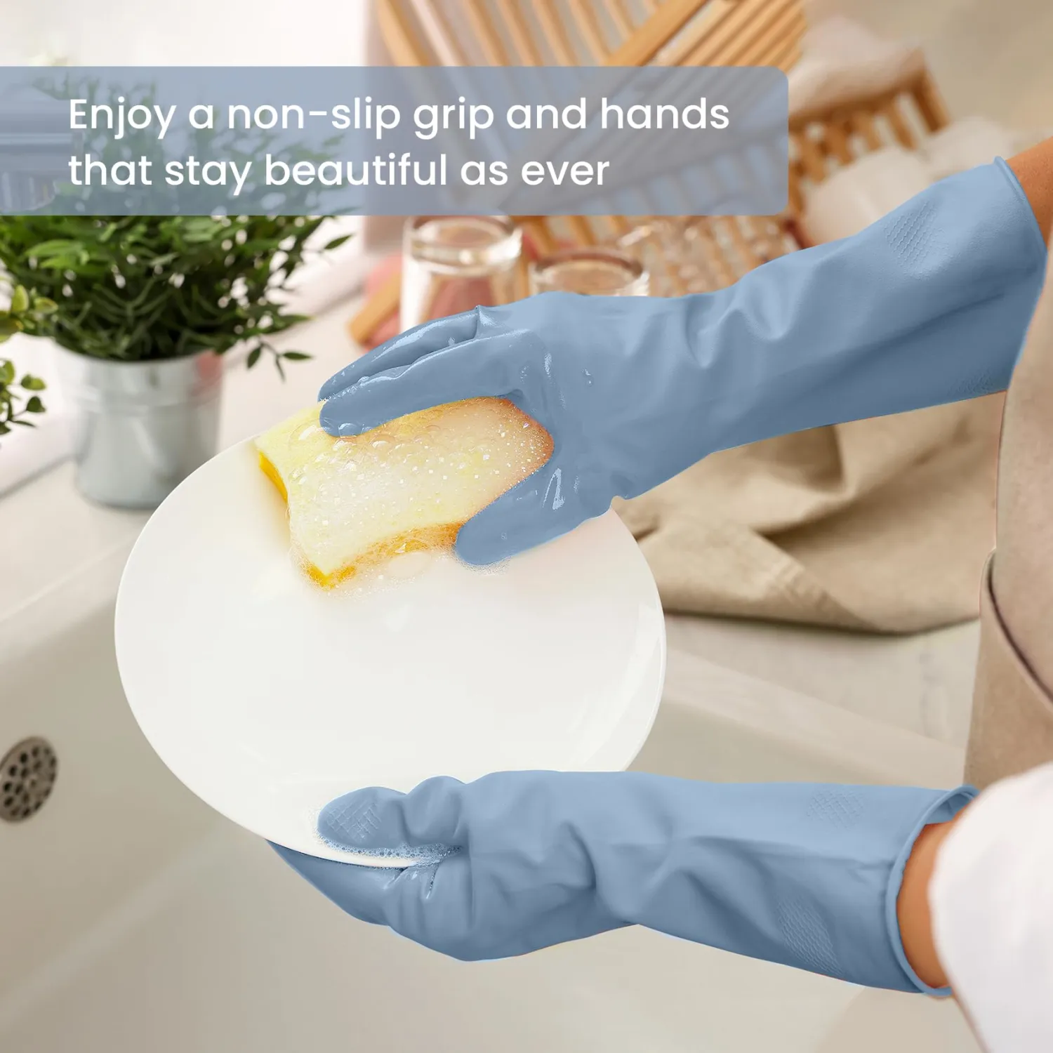 Rubber Cleaning Gloves for Dishwashing, 4 Pairs Reusable Kitchen Gloves for Washing Dishes and Household Cleaning, Blue Dish Gloves with Flocked Lining and Non-Slip Grip, Pefect for Woman Men - S