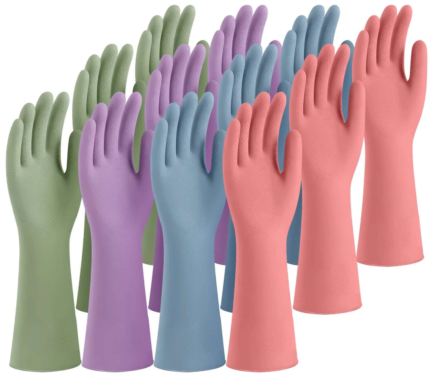 Rubber Cleaning Gloves for Dishwashing, 12 Pairs Reusable Kitchen Gloves for Washing Dishes and Household Cleaning, Colorful Gloves with Flocked Lining and Non-Slip Grip, Perfect for Women Men - L