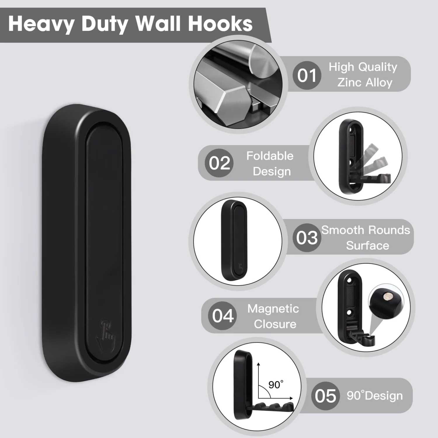 Dntorx Folding Wall Hooks, 2 Pcs Foldable Black Coat Hooks Heavy Duty Foldable Hook Bathroom Towel Hooks Robe Hooks Wall Mounted for Hanging Coat Towels Clothes Hat Bags Keys