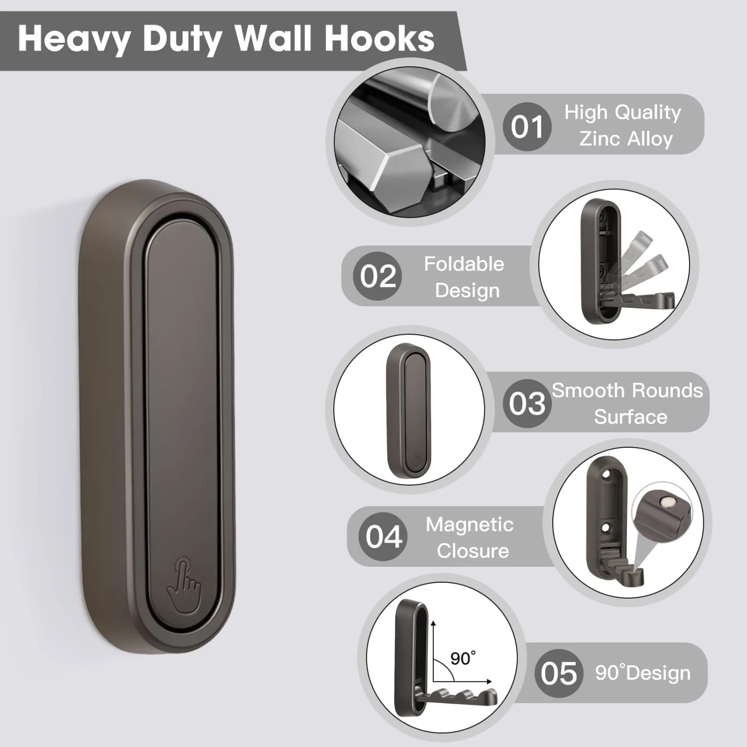 Dntorx Folding Wall Hooks, 2 Pack, Grey, Zinc Alloy, Heavy Duty Coat Hooks