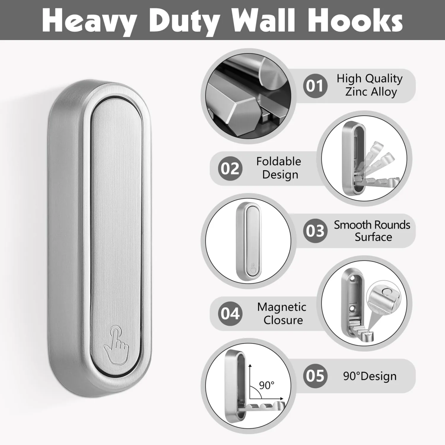 Folding Wall Hooks, 2 Pack, Silver, Zinc Alloy, Heavy Duty Coat Hooks