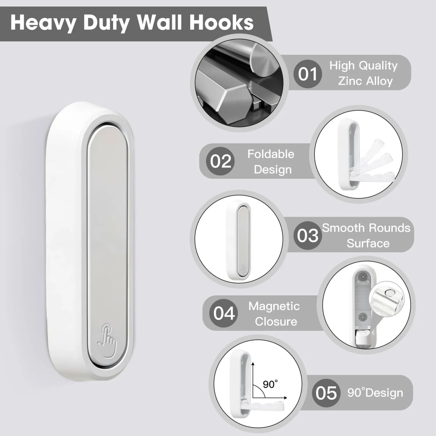 Dntorx Folding Wall Hooks, 2 Pack, White, Zinc Alloy, Heavy Duty Coat Hooks