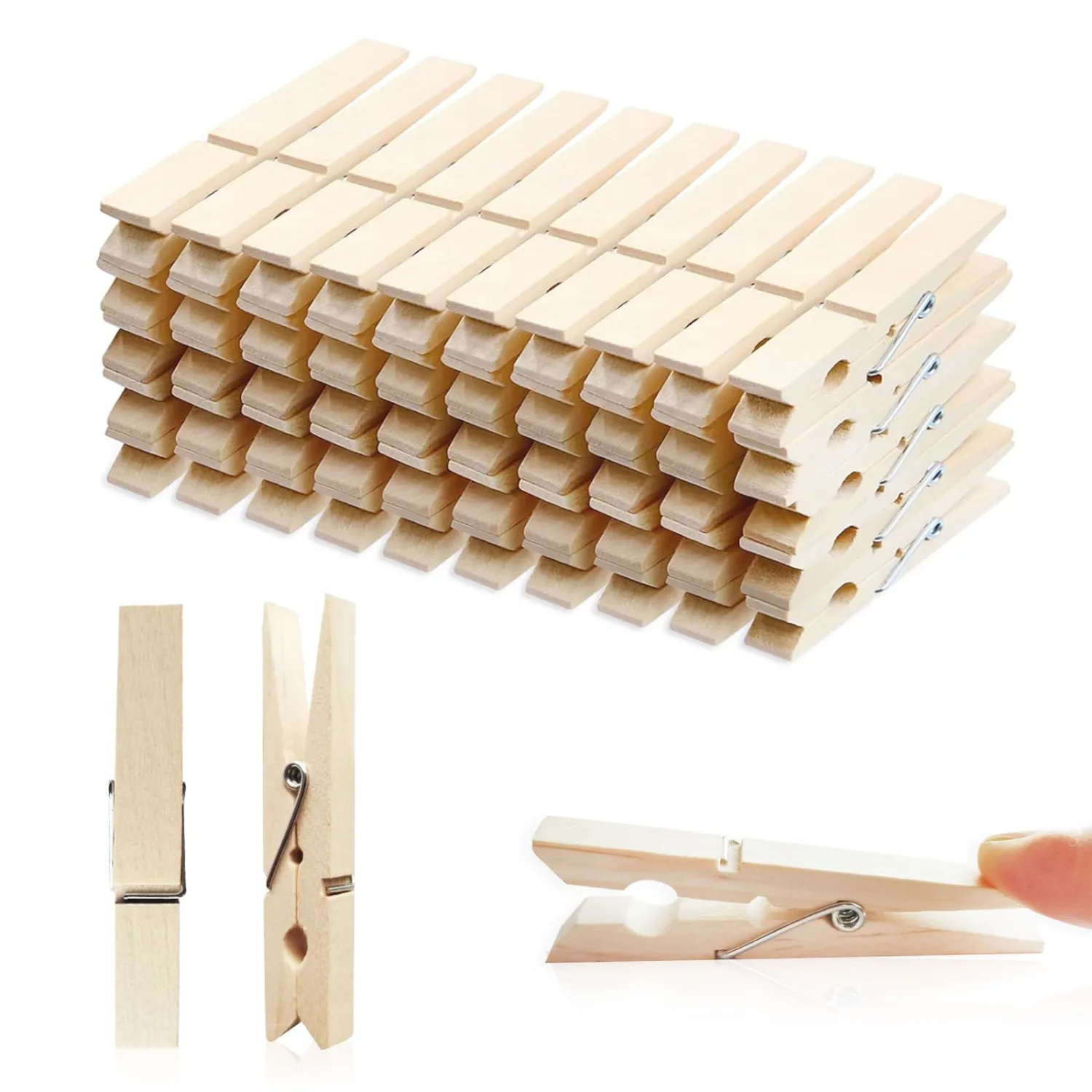 DEEINN Large Wooden Clothes Pins 2.9 Inch, Natural Wood Clips, 50 Pack