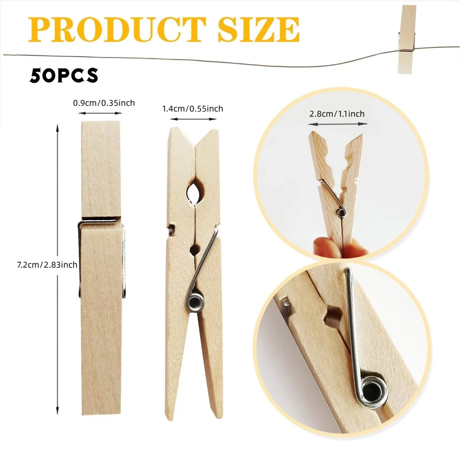 DEEINN Large Wooden Clothes Pins 2.9 Inch, Natural Wood Clips, 50 Pack