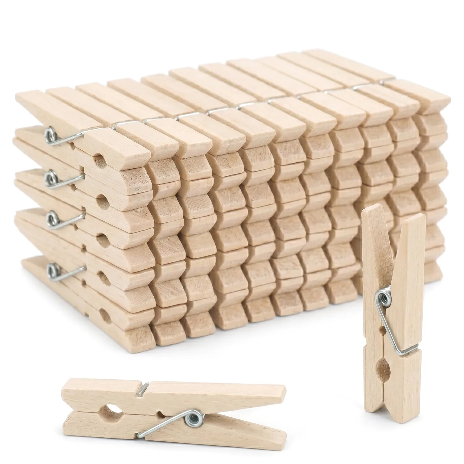 Wooden Clothes Pegs, 50 Pack, Rust-Resistant Coil, Laundry Clips