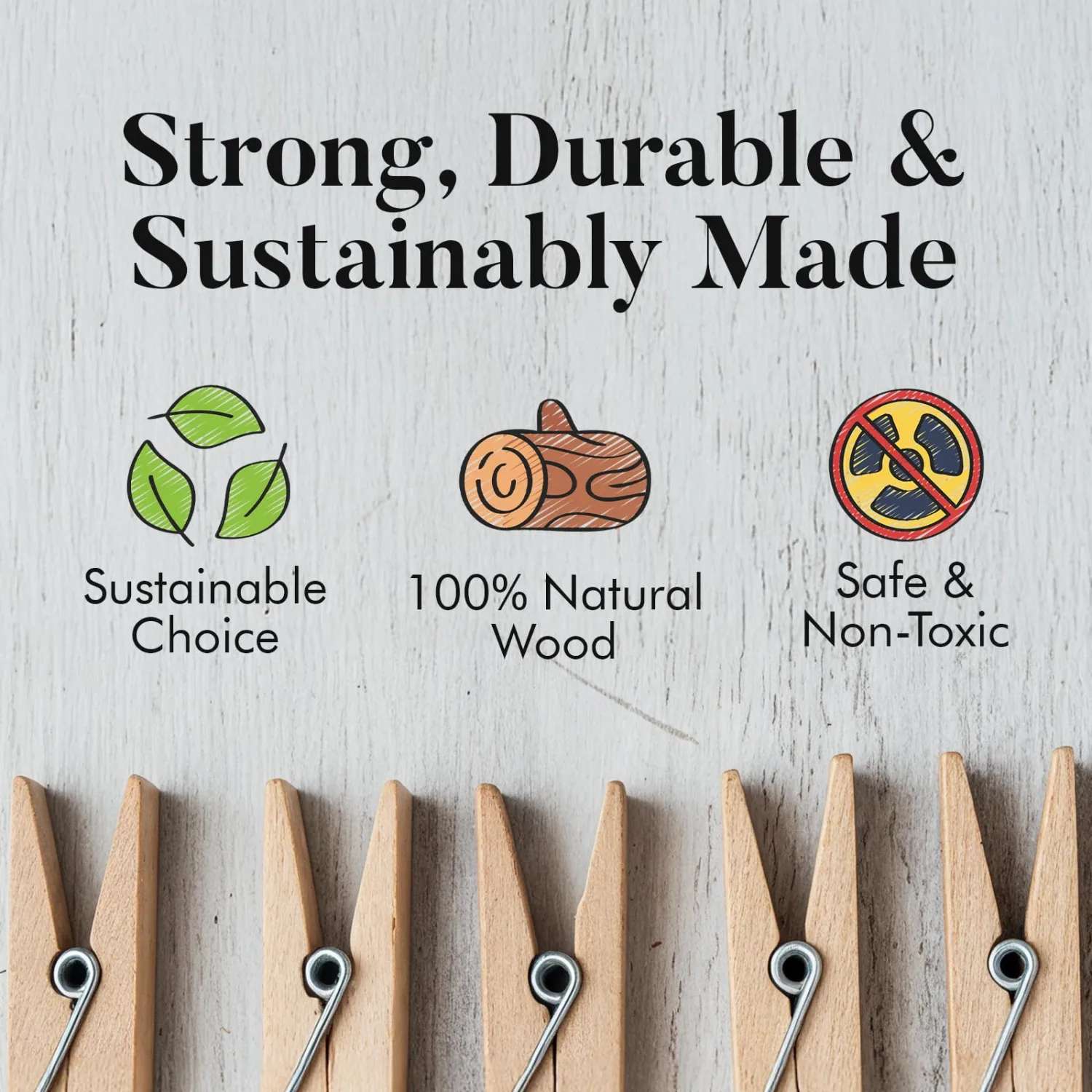 Wooden Clothes Pegs, 50 Pack, Rust-Resistant Coil, Laundry Clips