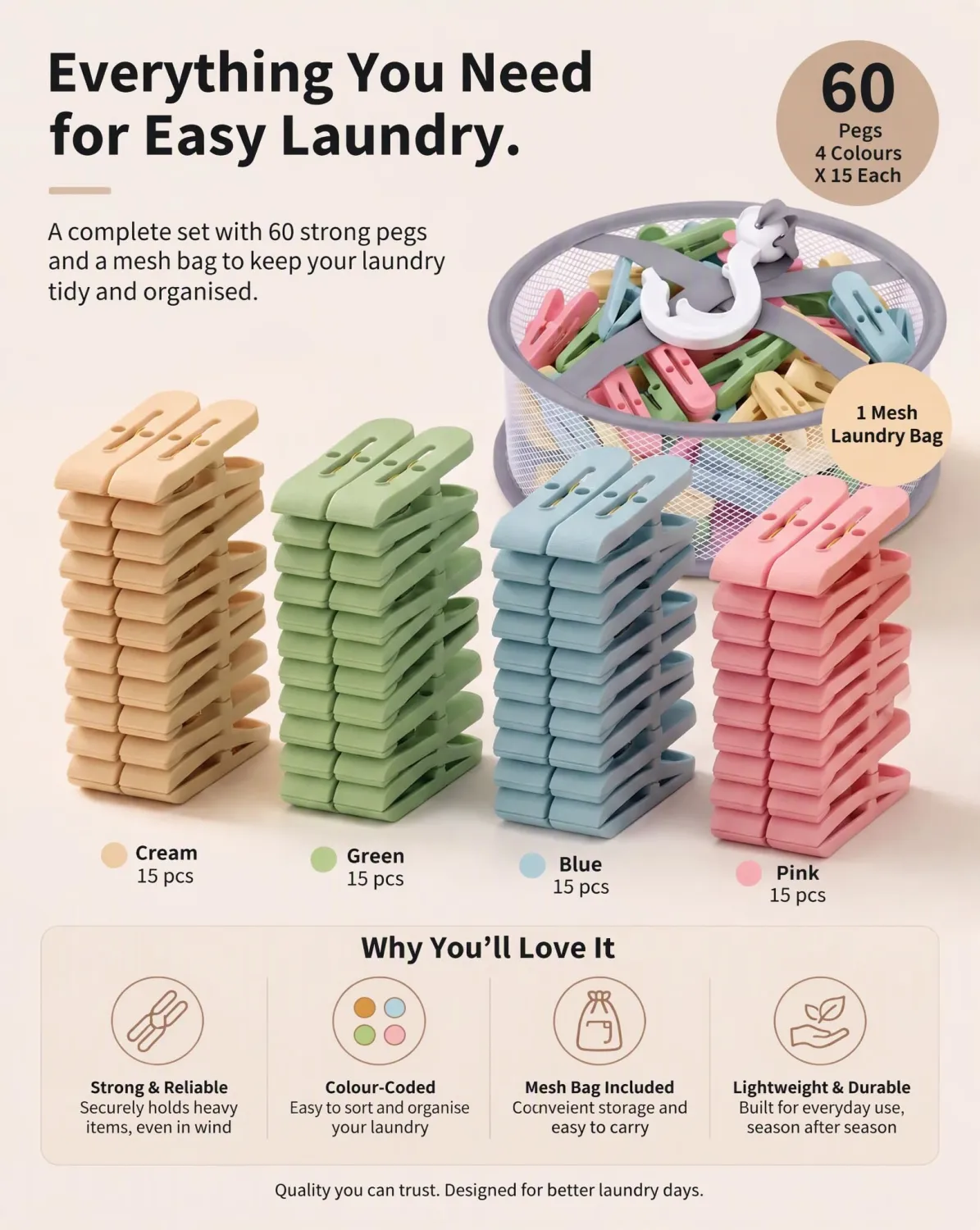 Clothespin Set with Mesh Peg Bag, 60 Laundry Clips