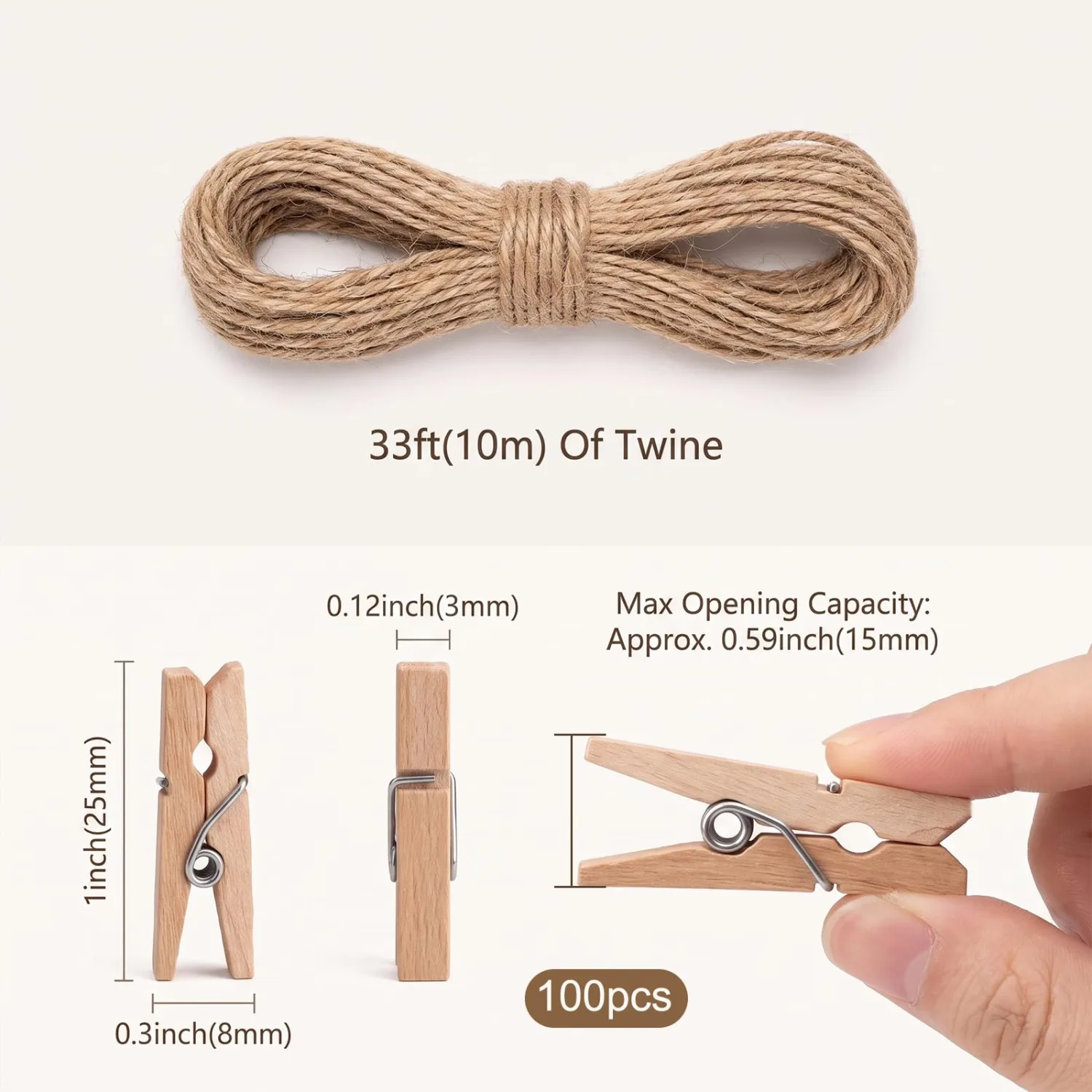 100 PCS 1" Mini Clothespins for Photos with 33ft Jute Twine
