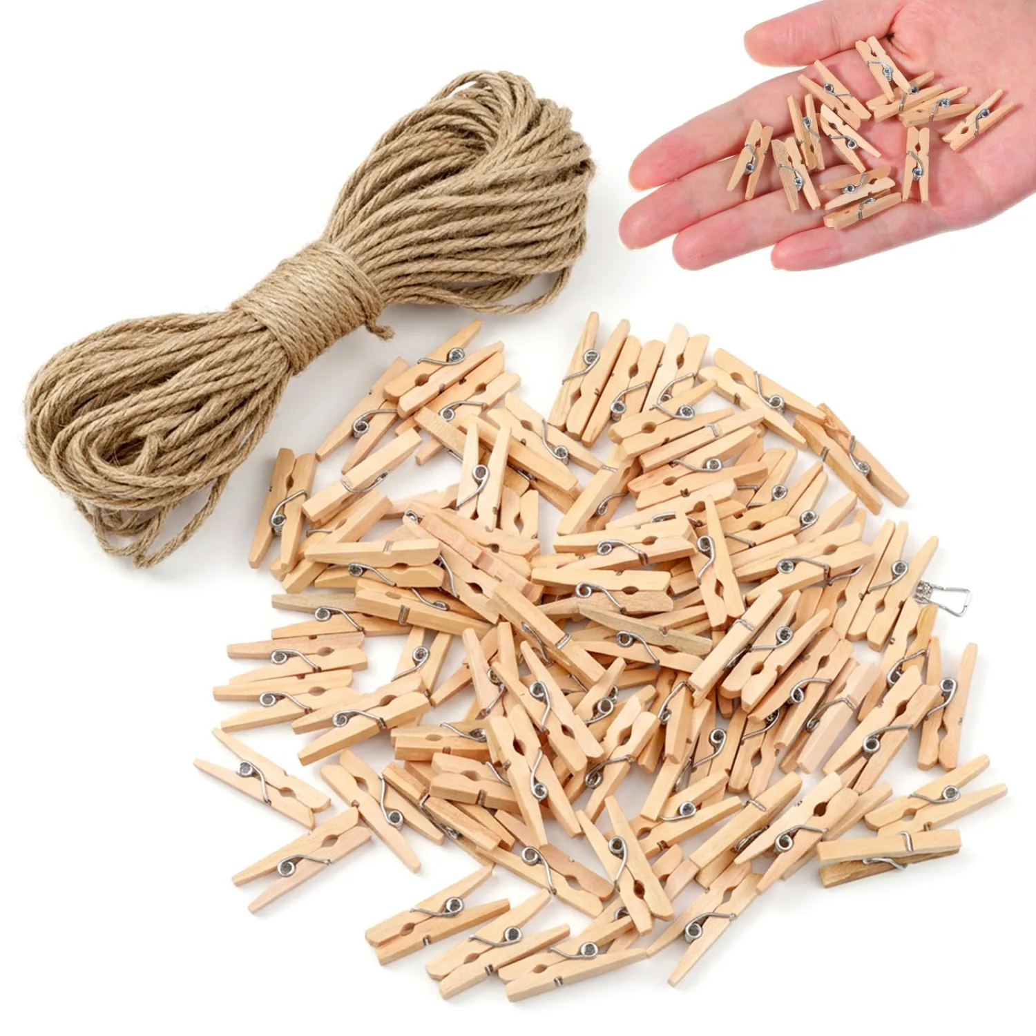 100 PCS 1" Mini Clothespins for Photos with 33ft Jute Twine