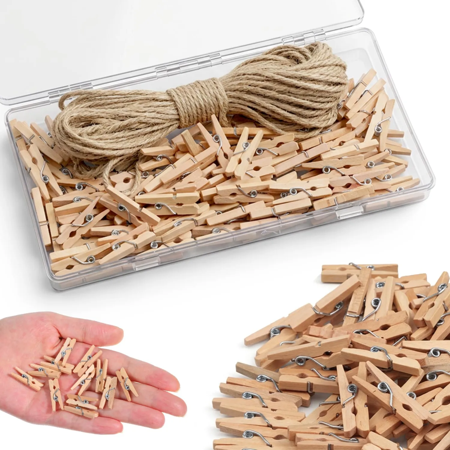 100 PCS 1" Mini Clothespins for Photos with 33ft Jute Twine