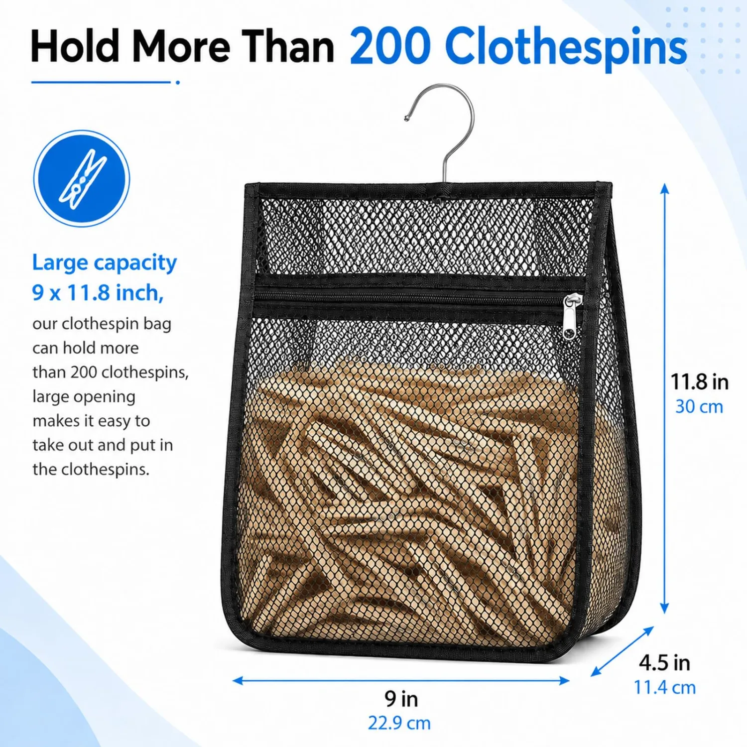 Mesh Clothespin Bag for Clothesline Outdoor Clothes Pin Bag with Zipper