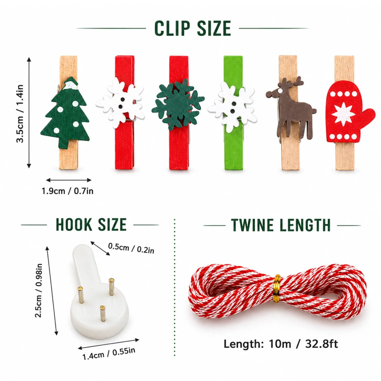 60PCS Christmas Wood Clips 6 Styles Mini Clothespins with Red & White Twine