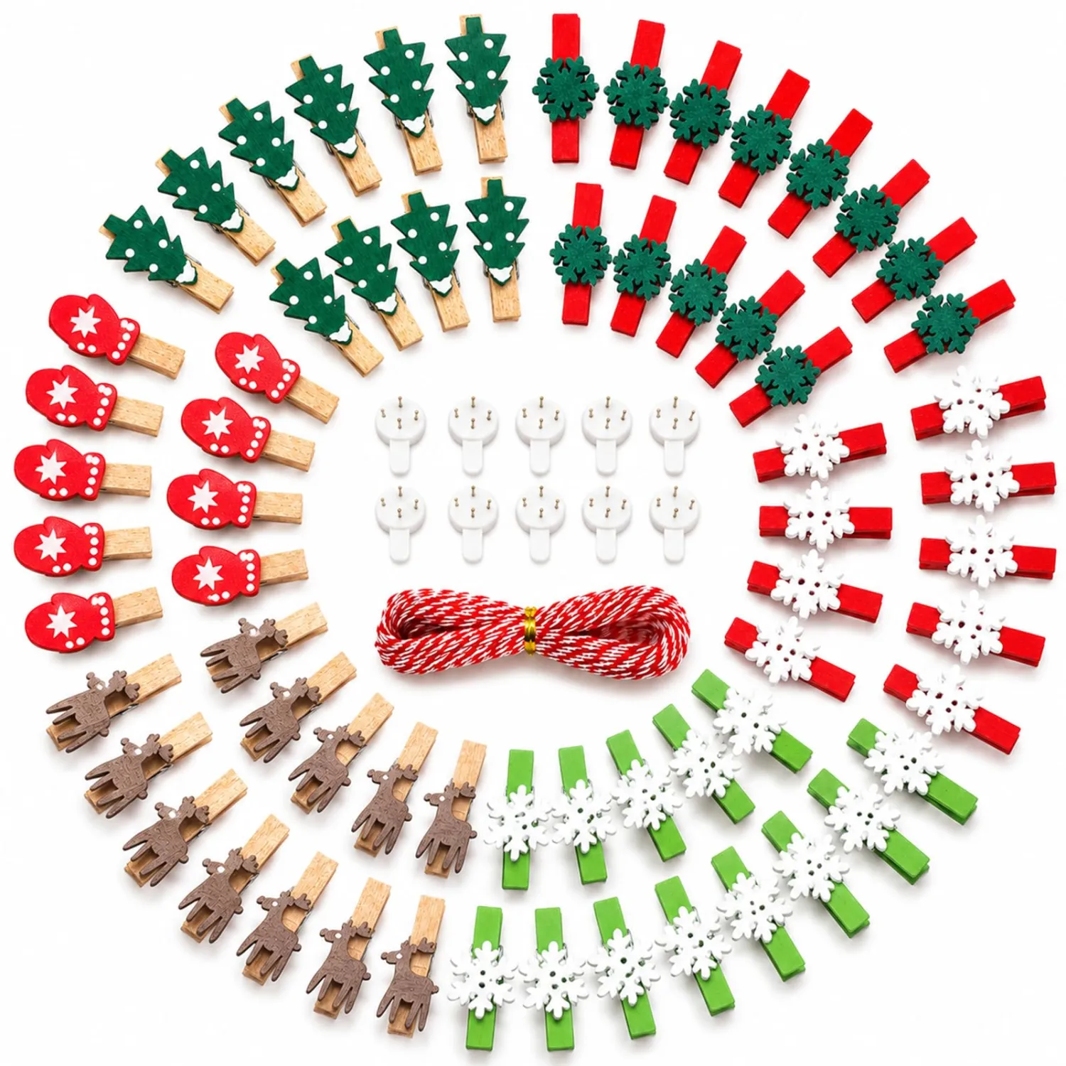 60PCS Christmas Wood Clips 6 Styles Mini Clothespins with Red & White Twine