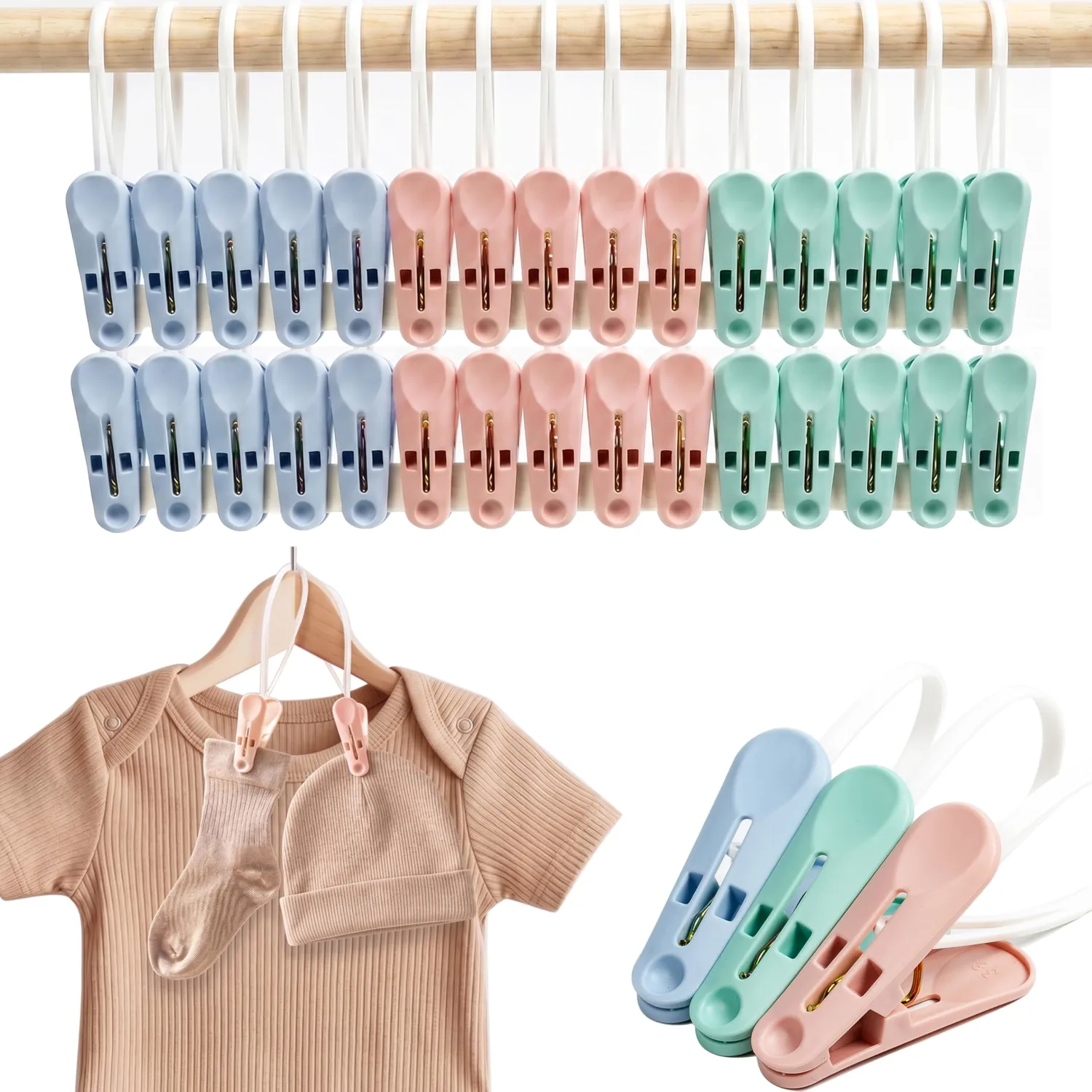 MtBoi Windproof Clothes Pins with Hanging Ropes, Heavy Duty Plastic Laundry Clips for Clothesline Drying, Multi-Purpose Closet Organizer for Baby Socks, Boots, Crafts (30, Mixed)