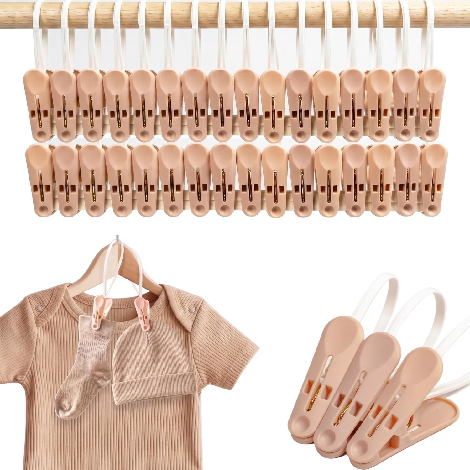 MtBoi Windproof Clothes Pins with Hanging Ropes, Heavy Duty Plastic Laundry Clips for Clothesline Drying, Multi-Purpose Closet Organizer for Baby Socks, Boots, Crafts (30, Brown)