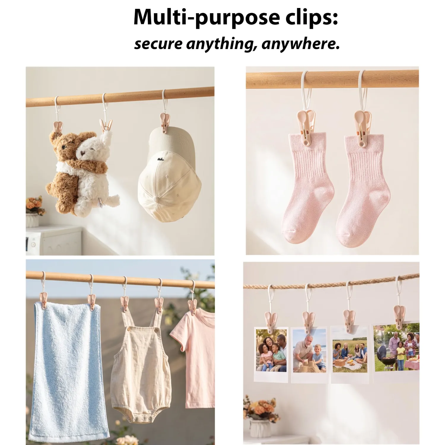 MtBoi Windproof Clothes Pins with Hanging Ropes, Heavy Duty Plastic Laundry Clips for Clothesline Drying, Multi-Purpose Closet Organizer for Baby Socks, Boots, Crafts (30, Brown)