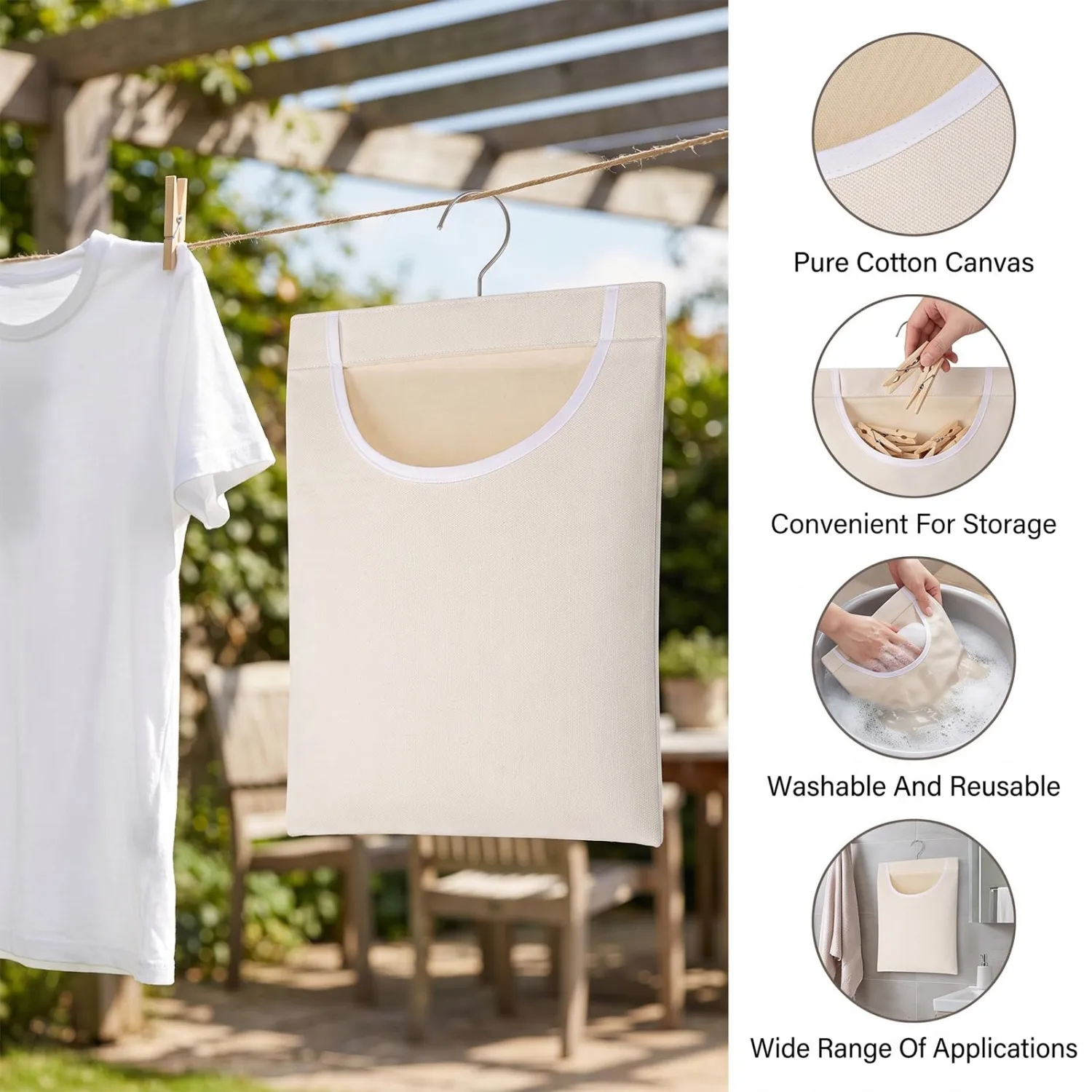 Laundry Clothespin Bag, 12 x 10 Inch Canvas Clothes Pin Hanging Bags