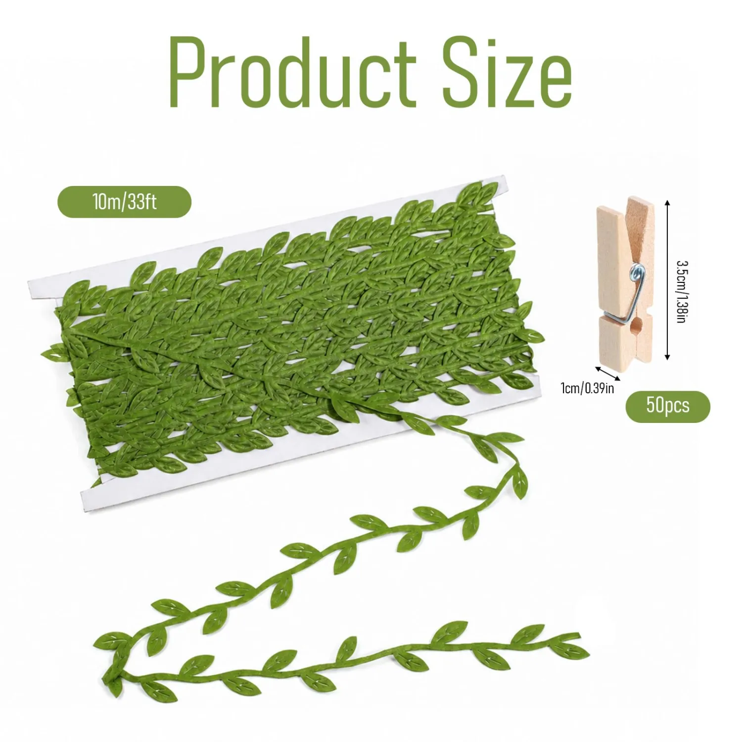 50 Pcs 1.35 Inch Mini Wooden Clothes pins with 33 Ft Leaf Ribbon