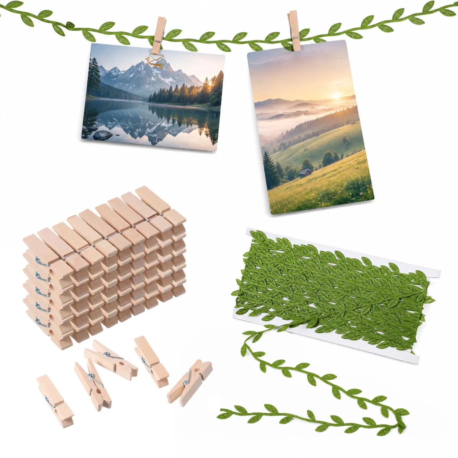 50 Pcs 1.35 Inch Mini Wooden Clothes pins with 33 Ft Leaf Ribbon