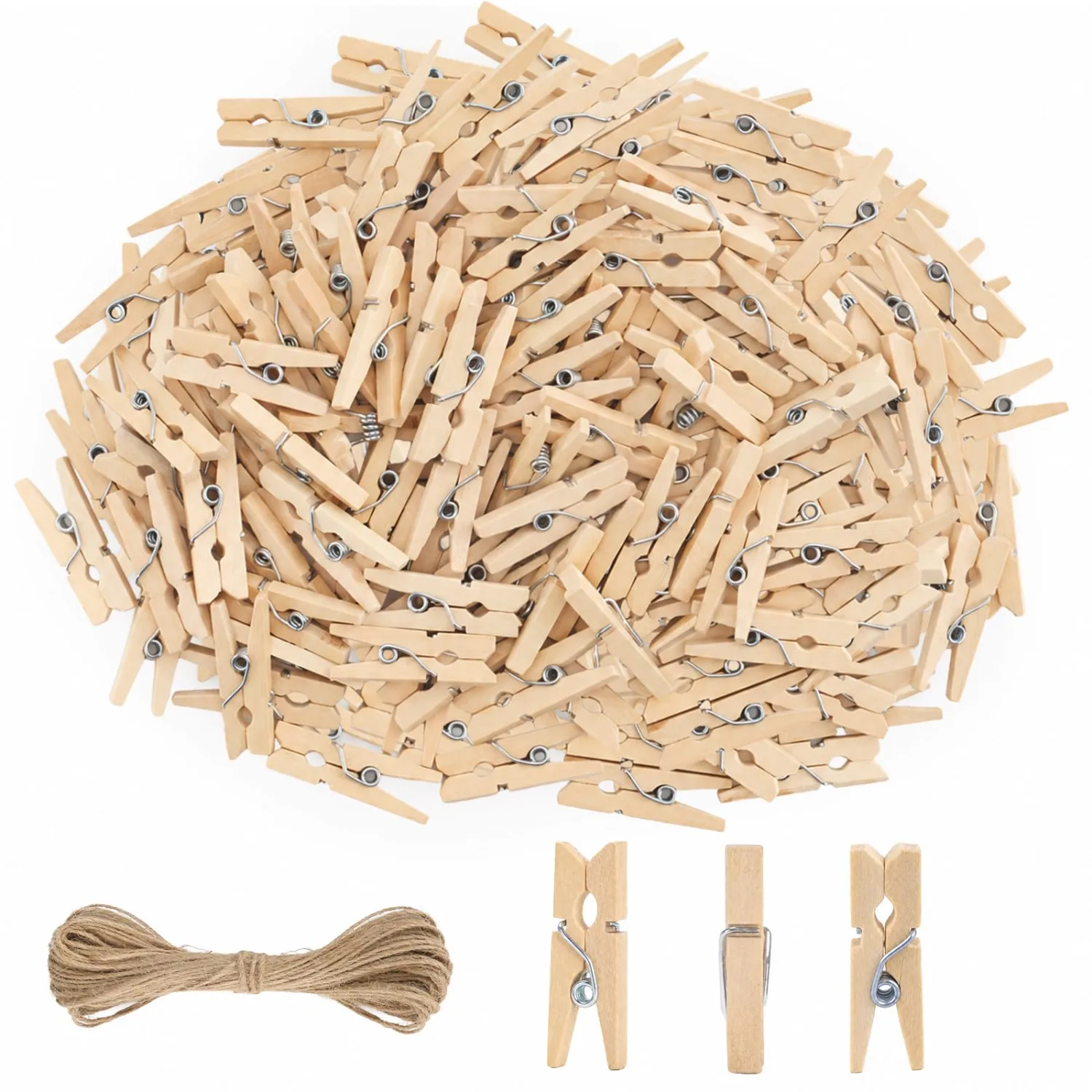 jijAcraft 1 Inch Mini Clothes Pins - 200Pcs Wooden Clothespins with String