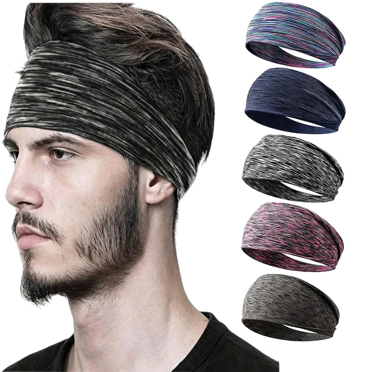 Sweat Absorb Headband for Men & Women,Moisture Wicking Wide Yoga Headband,for Workout, Running, Gym, 5 Pack Colorful Assorted