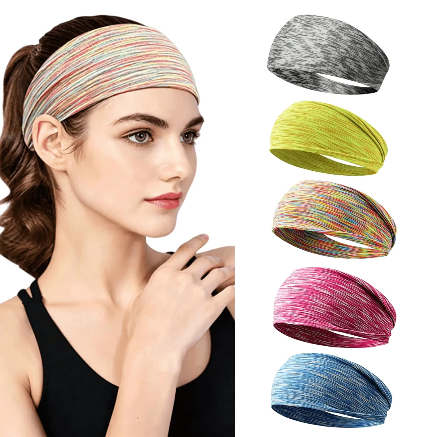 Sweat Absorb Headband for Men & Women,Moisture Wicking Wide Yoga Headband,for Workout, Running, Gym, 5 Pack Colorful Assorted