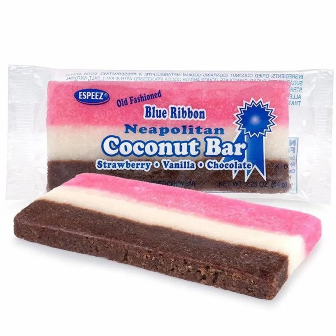 Old-Fashioned Neapolitan Coconut Slice Candy Bar - Pack of 3 - Chocolate, Strawberry & Vanilla - 2.25 oz. Bars