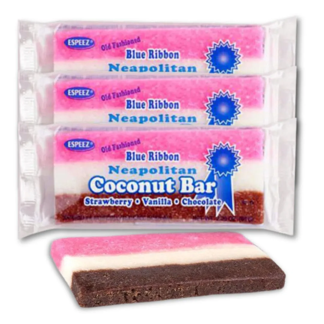 Old-Fashioned Neapolitan Coconut Slice Candy Bar - Pack of 3 - Chocolate, Strawberry & Vanilla - 2.25 oz. Bars